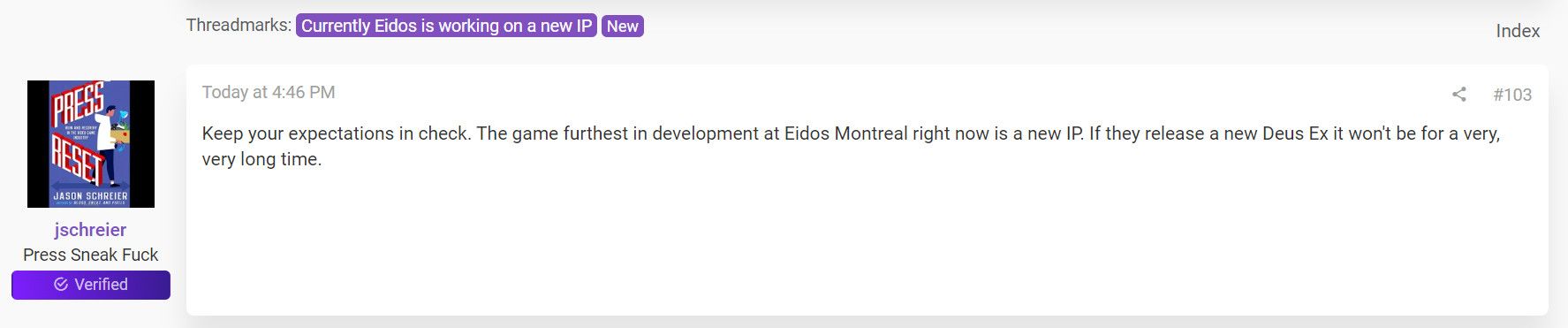 Eidos想开发杀出重围新作做2077做不到的事情 Eidos想开发杀出重围新作做2077做不到的事情